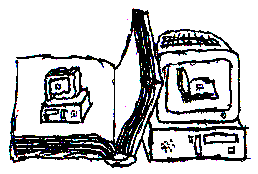 Ein altes, großes Buch und ein Computer lehnen aneinander; auf dem Buch ist eine Computer-Abbildung zu sehen, während der Computer ein Buch darstellt.